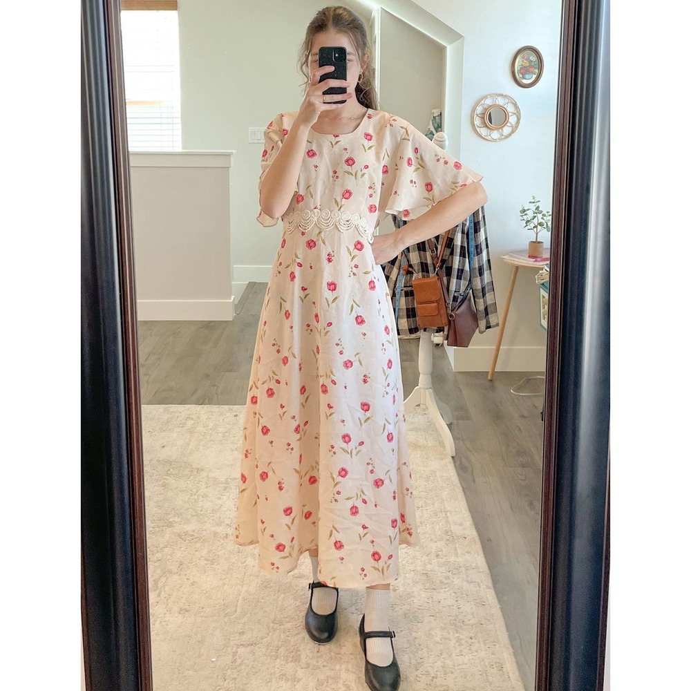 Vintage Cream Floral Dress-Large